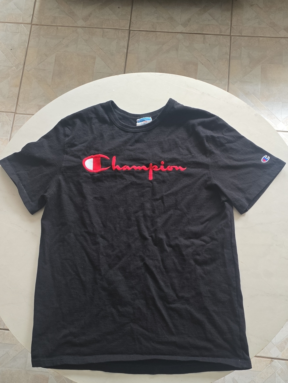 Champion Black Short Sleeve Tee with Red Script Logo
